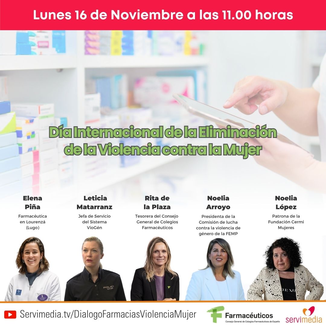 Cartel del diálogo con los farmacéuticos sobre el Día Internacional de la Eliminación de la Violencia contra la Mujer