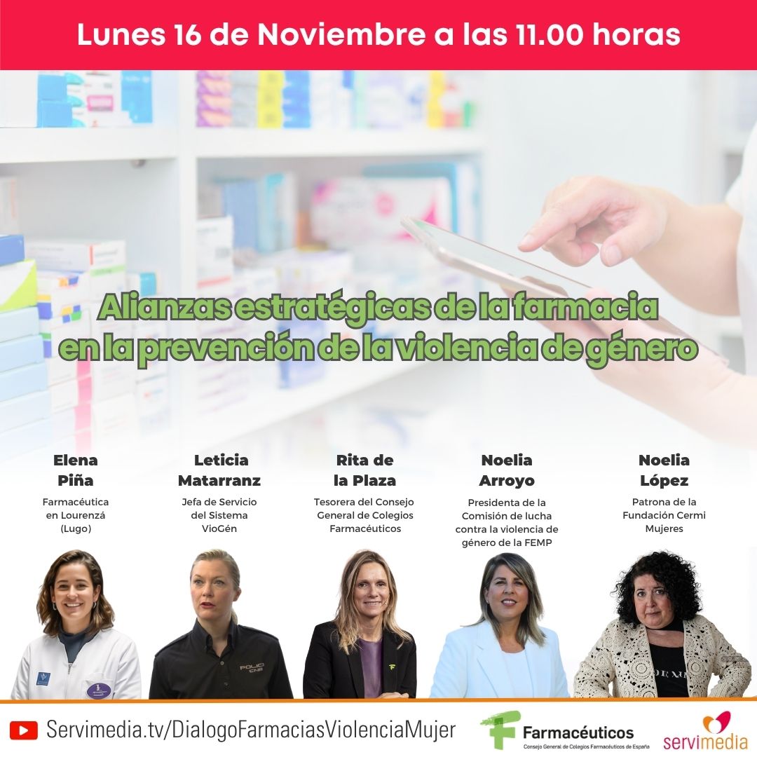 Cartel del diálogo con los farmacéuticos sobre el Día Internacional de la Eliminación de la Violencia contra la Mujer