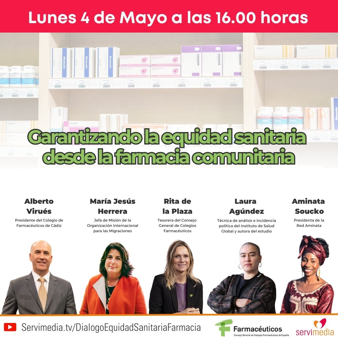 Cartel del diálogo sobre Garantizando la equidad sanitaria desde la farmacia comunitaria