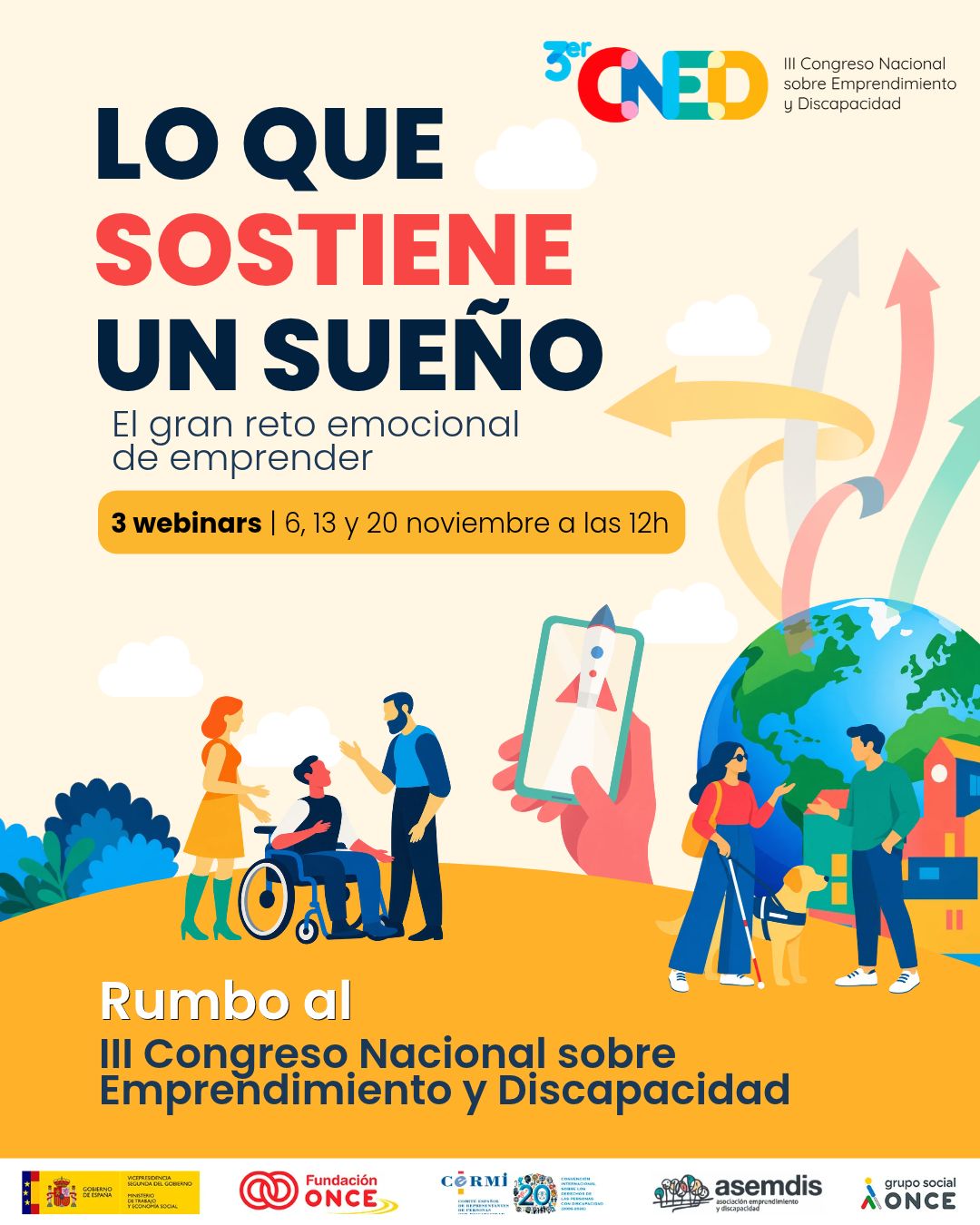 Cartel de los 3 webinar sobre Emprendimiento y Discapacidad